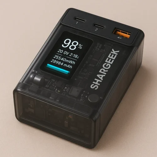 Shargeek Storm 2 Power Bank with transparent casing and digital stats display