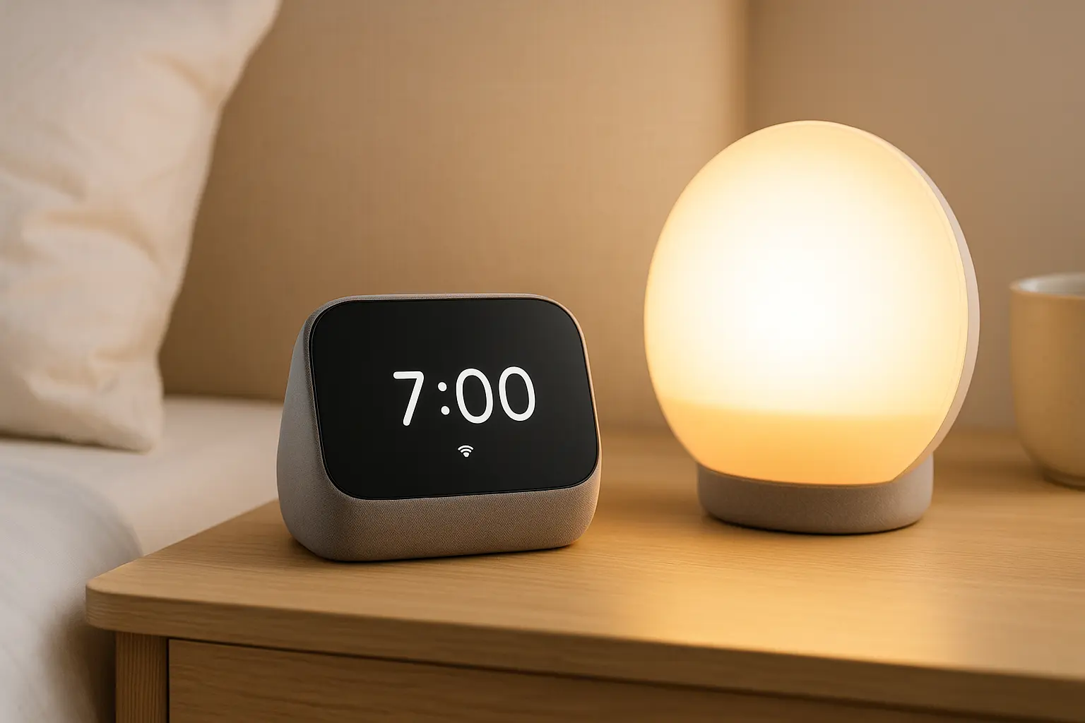 Modern smart alarm clock with sunrise light simulation on nightstand, 2025