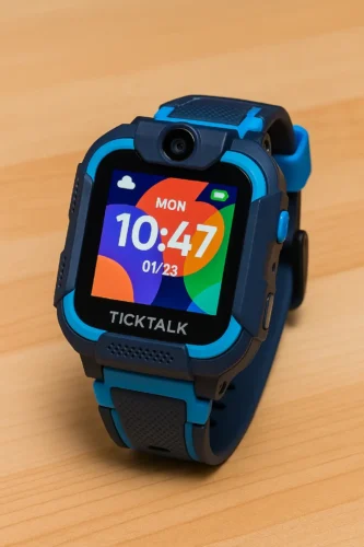 TickTalk 4 kids smartwatch in blue and black on a wooden surface – display showing time and date