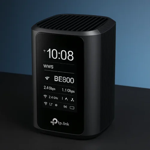 TP-Link Archer BE800 Wi-Fi 7 router standing upright with a front LED display showing network status, on a dark surface with a gradient blue background.