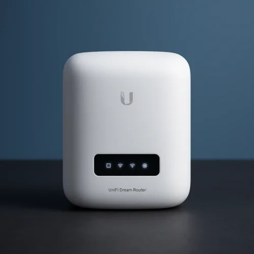 Ubiquiti UniFi Dream Router SE with a minimalist white cylindrical design, LED panel display, and UniFi logo, placed on a dark surface with a gradient blue background.